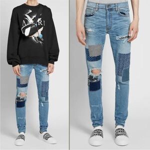 Amiri Japanese Repair Jeans Pants Bandana Patchwork Distressed Slim Blue Denim